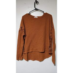 Brown Waffle Knit Long Sleeve Top with Crochet Lace Panels – Size M